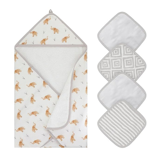 Featherhead™ 5-Piece 100% Cotton Muslin Hooded Bath Towel & Washcloths Set for Baby Boy - Ultra Soft and Extra Absorbent - Newborn Essential & Perfect Baby Registry Gift (Elephant)