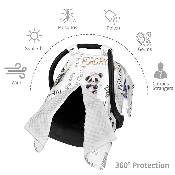 Personalized Winter Baby Car Seat Cover with Name Panda Winter Car Seat Cover for Baby Seat or Stroller Custom Infant Car Seat Covers Minky Blankets Nursing Cover Breastfeeding Scarf