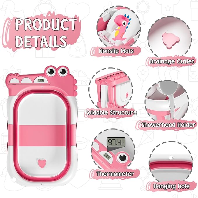 TPN Collapsible Baby Bathtub, Baby Bath Tub with Soft Cushion & Real-Time Thermometer, Baby Bathtub Infant to Toddler Tub (0-36 Months), Portable Newborn Travel Bath tub