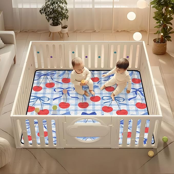 Baby Play Mat Checkered Cherries Bows Blue 50 x 50 Playpen Mat Baby Play Mats for Floor Play Gym Crawling Mat Non-Slip Cushioned Baby Playmat for Infants, Babies, Toddlers