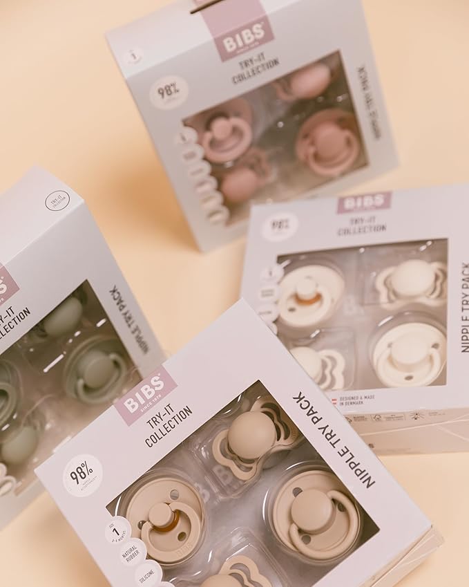 BIBS Try-It Collection | 4-Pack Soothers | BPA-Free Round, Anatomical & Symmetrical Nipple | Natural Rubber Latex/Silicone | Made in Denmark | 0-6 Months | Vanilla