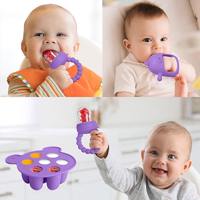 6-in-1 Baby Fruit Feeder Pacifier & Baby Food Feeder Set – Silicone Breastmilk Popsicle Mold with Freezer Tray, Teething Relief Toy, BPA Free Infant Feeder, 3 Sizes (S/M/L) Sacs (Purple)