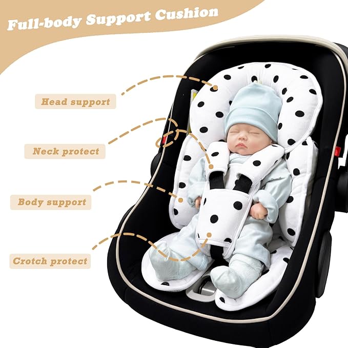 Infant Car Seat Insert, 2 in 1 Carseat Head Neck Pillow for Newborn, Breathable Baby Carriage Pad with Strap Covers, Fit Car Seat, Stroller, Bouncer, Polka Dot