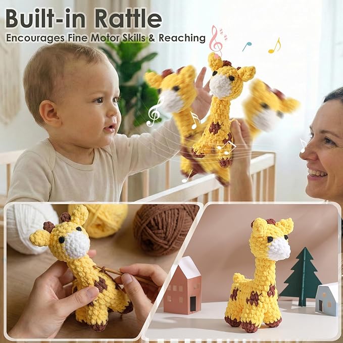 Crochet Sensory Rattle for Baby Early Development - Amigurumi Grip Toy - Soft Cotton Texture Shaker for Fine Motor Skills & Tactile Play - Newborn Essentials (Bunny & Giraffe)