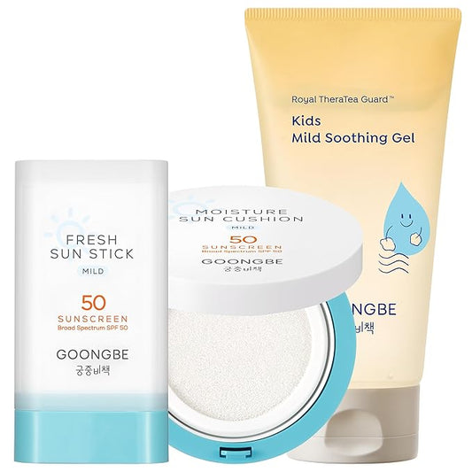 GOONGBE Kids Sun Care Set - SPF 50 Zinc Oxide Mineral Sunscreen Cushion & Stick with After Sun Soothing Gel - Vegan, Reef-Safe, Allergen-Free for Babies & Sensitive Skin