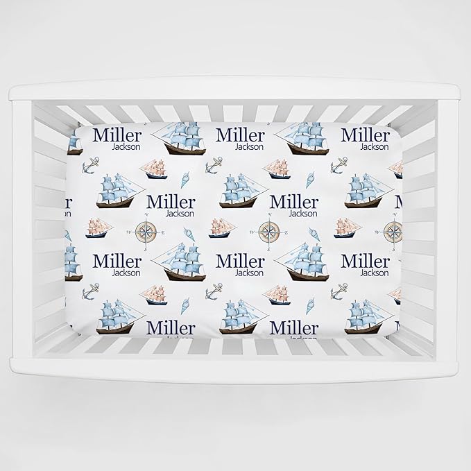 Personalized Pack and Play Sheets with Name, Custom Nautical Ship Baby Mini Crib Sheets for Baby Boys Girls, Name Pack n Play, Fitted Sheet with Name, Soft and Breathable Material
