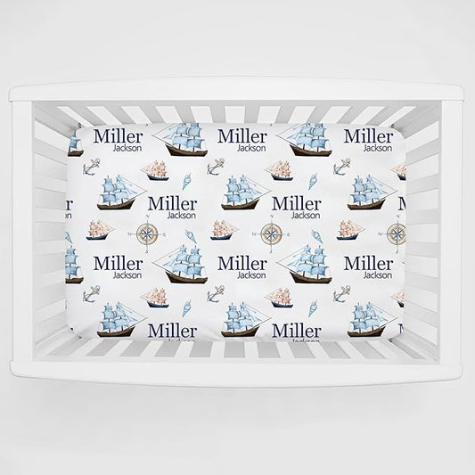 Personalized Pack and Play Sheets with Name, Custom Nautical Ship Baby Mini Crib Sheets for Baby Boys Girls, Name Pack n Play, Fitted Sheet with Name, Soft and Breathable Material