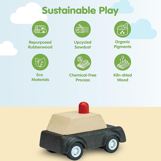 PlanToys® Police Car Wooden Montessori Vehicle Toy | Early Movement, Imagination and Practical Life Exploration | Eco Friendly Car for Indoor and Outdoor Play
