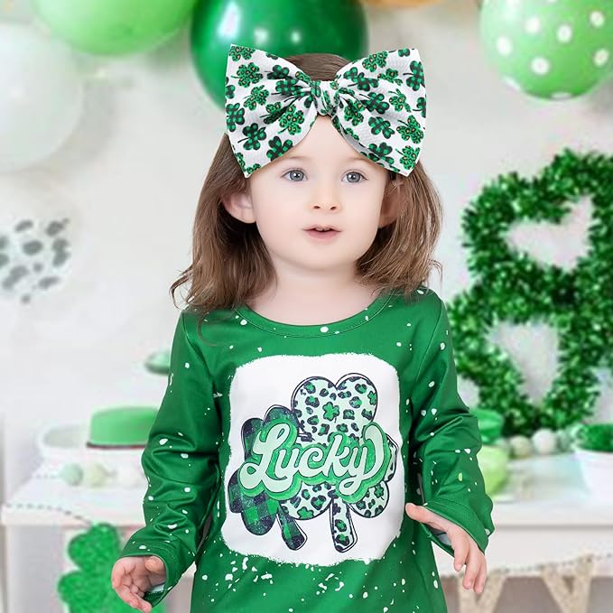St. Patrick's Day 7 Baby Girl Nylon Hair Accessories: Clover Printed Elastics Bows Headbands for Newborn, Infant, Toddler (Green, 2Pcs)