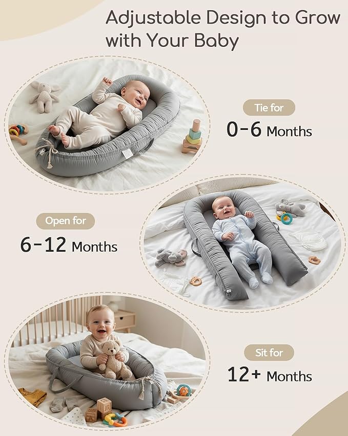Baby Lounger - Infant Lounger for Newborn 0-24 Months, Pure Cotton Breathable Baby Nest Lounger, Newborn Essentials for Baby Boys & Girls, Portable Baby Lounger for Home and Travel