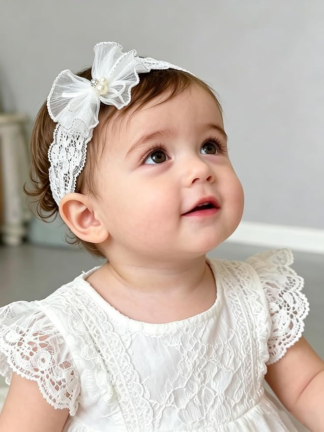 Baby Girls Headband White Bow Lace Headbands Soft Elastic Bowknot Hairbands Cute Hair Accessory for Newborn Kids Infant Toddler Baptism Birthday Party (Wide Lace Flowers)
