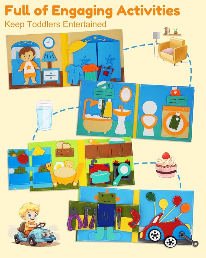 Busy Book for Toddlers 1-3, Montessori Toys for 1 Year Old, Quiet Book, Baby Activity Books, Sensory Felt Busy Board for Toddlers 3-5, Kids Travel Toys, Educational Learning Gifts for Boys & Girls