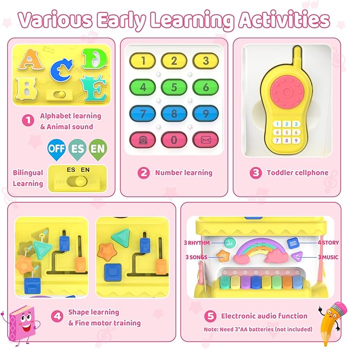 Montessori Toys for 1 Year Old Girl Gifts, 12-in-1 Bilingual Learning & Education Baby Toy 6-12-18 Months, Musical Toddler Girl Toys, 1st First Birthday Gifts for Baby Girls Boys, Yellow