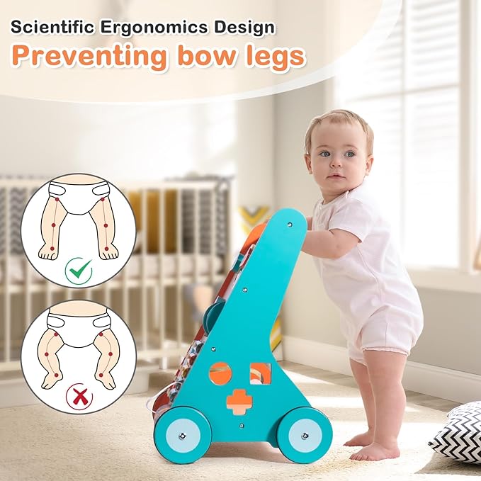 Wooden Baby Walker with Wheels, Walker for Baby Boys 12 Months Push Toy, Sit to Stand Activity Walker Learning to Walk