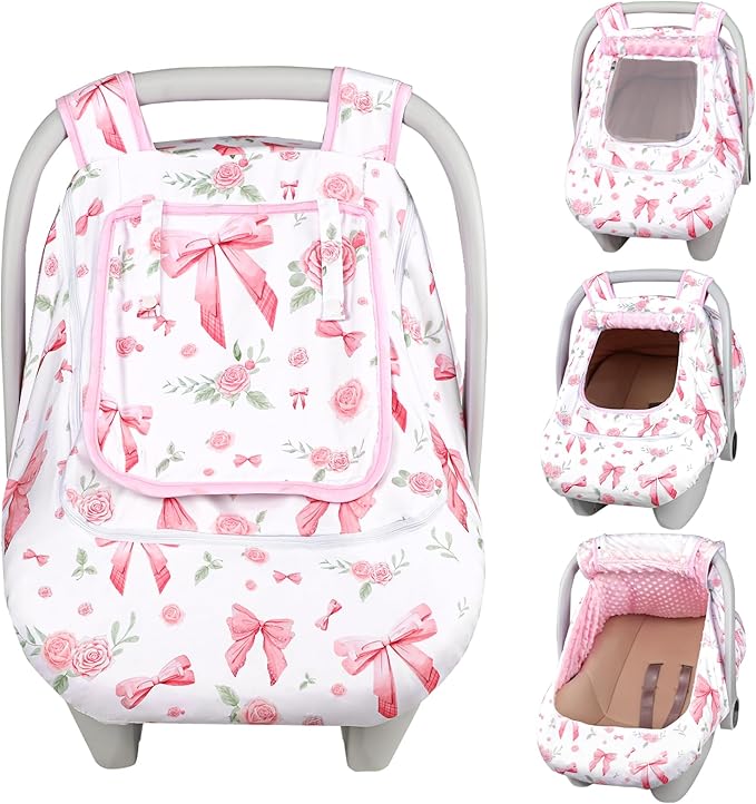 Car Seat Cover Baby Girls Winter, Dual Zipper Infant Carseat Covers with Breathable Mesh, Universal & Warm Protection Canopy Snug Fit Baby Carseats & Strollers, Pink Rose