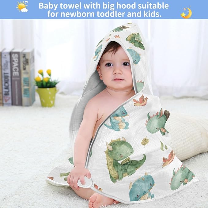 Kigai Cute Dragon Muslin Hooded Baby Towel Ultra Soft and Absorbent Bath Towel for Boy Girl Cotton Baby Bathrobe Blanket for Newborn Infant Toddler, 30x30 Inch