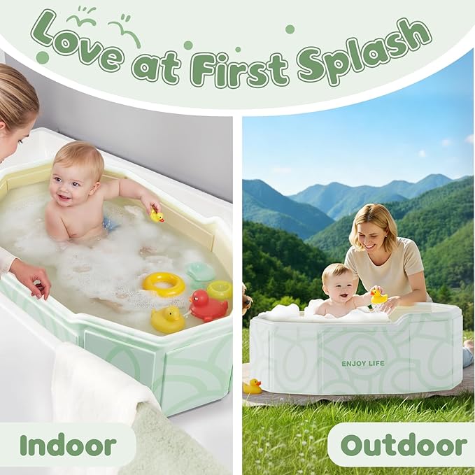 Collapsible Baby Toddler Bathtub for Shower, Portable Foldable Toddler Bath Tub with Non-Slip Base, Compact Travel Essentials for Kids & Infants, Easy Storage in Small Spaces, Green