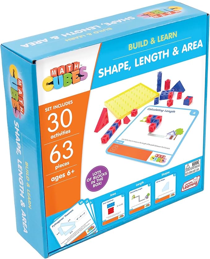 Junior Learning: Mathcubes - Shape, Length & Area - 30 Activity Set, Build & Learn, Blocks & Boards Hands On Math, Educational Set, Kids Ages 4+