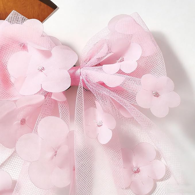Pink Flower Bow Hair Clip - Mesh Tulle Floral Hair Bow Clips Summer Hair Accessory for Women Girls Bridal Wedding Hair Ornament, Bridesmaid Party Headpiece, Elegant Hairpin for Daily Styling