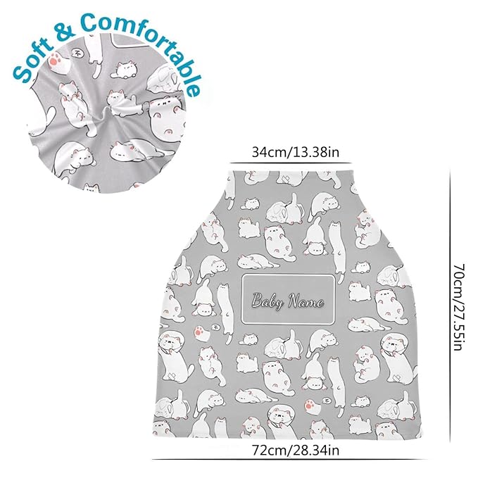 Personalized Baby Car Seat Cover for Babies, Custom Name Baby Car Seats Canopy for Boys Girls, Cute Cat Nursing Breastfeeding Stroller Covers for Infant Newborn, Shower Gift for Baby