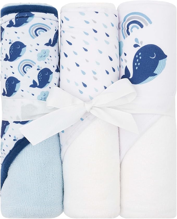 Hooded Baby Towels 3-Pack – Soft Baby Bath Towels with Hood for Newborns & Toddlers, Baby Hooded Towel Set, 30" x 26" (Whales)