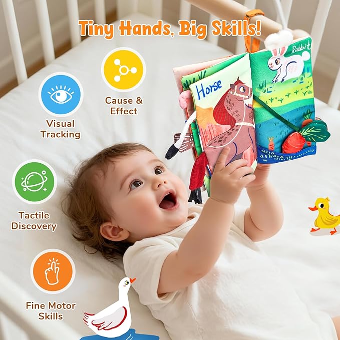 JoyCat Baby Books 0-6-12 Months - Farm Tail Tummy Time Toys - Sensory Touch & Feel Crinkle Cloth Book with Detachable Duck - Newborn Easter Basket Stuffers