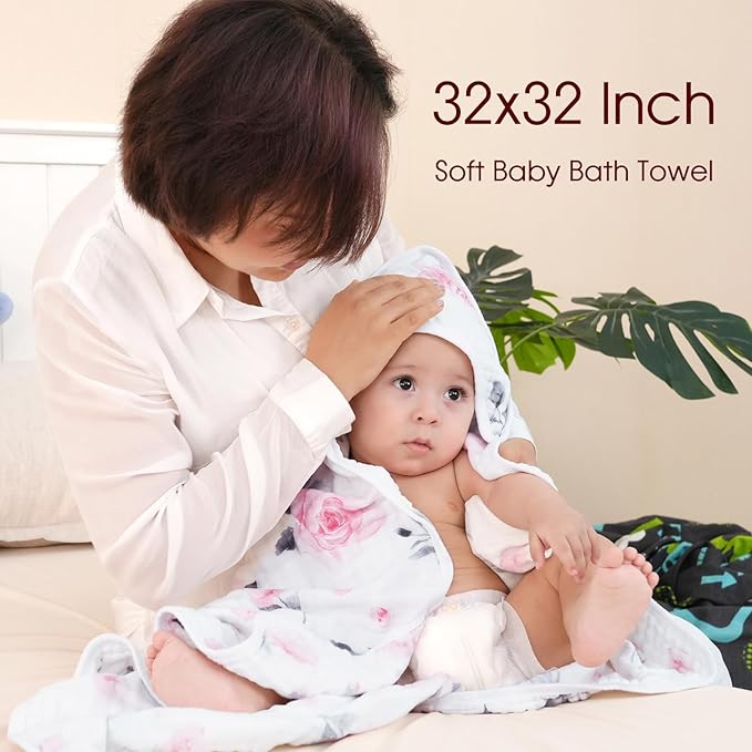 david's kids 2 Pack Hooded Baby Towels, 100% Muslin Cotton 6-Layer Ultra Soft Breathable Absorbent Baby Bath Towels for Infant and Toddler, Newborn Essentials, Large 32x32Inch, Floral