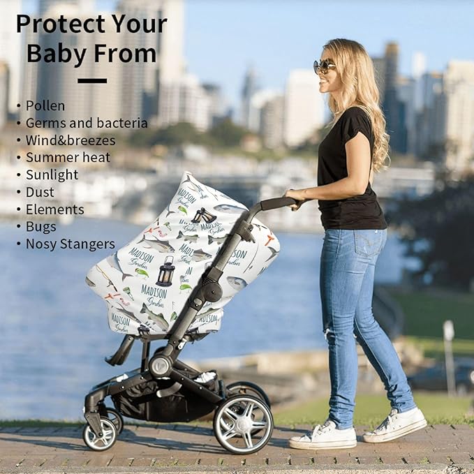 Personalized Baby Car Seat Cover for Boys Girls, Custom Nursing Covers for Breastfeeding with Name, Fishing Infant Stroller Cover, Baby Carseat Canopy for Newborn, Multiuse Car Seat Canopies