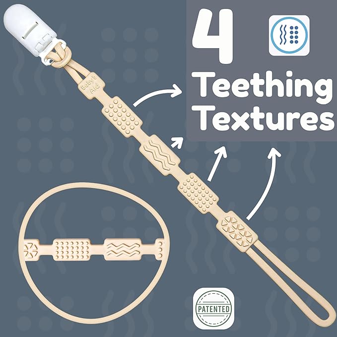 Silicone Pacifier Clip with 4 Teething Textures, One-Piece Patented Design, Dishwasher Safe, Secure Plastic Clip, Fits All Pacifiers, Baby’s Aid (Buttercream)