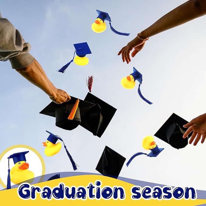 Lenwen 24 Pcs Graduation Rubber Ducks with Grad Cap Mini Rubber Duckies Gifts Bulk for Graduation Party Favors Decoration(Blue Grad Hat)