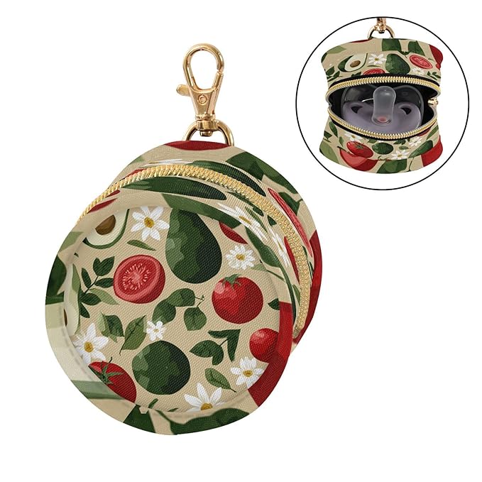 Pacifier Holder with Clip Pacifier Case for Diaper Bag Round Baby Pacifier Pouch Box Bag Portable Avocados Tomatoes Floral Leaves Beige