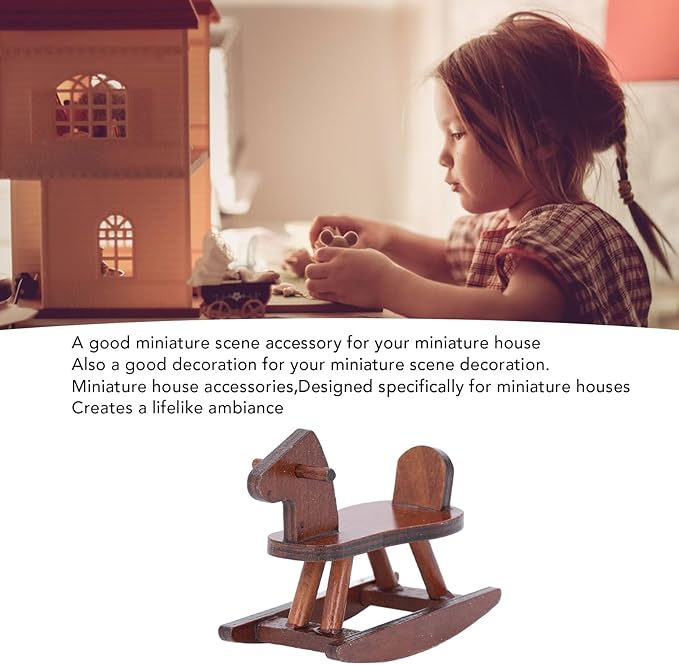Miniature Wooden Horse, 1:12 Scale Doll House Rocking Horse Doll House Wooden Rocking Simulation Cockhorse for Accessory (Brown)
