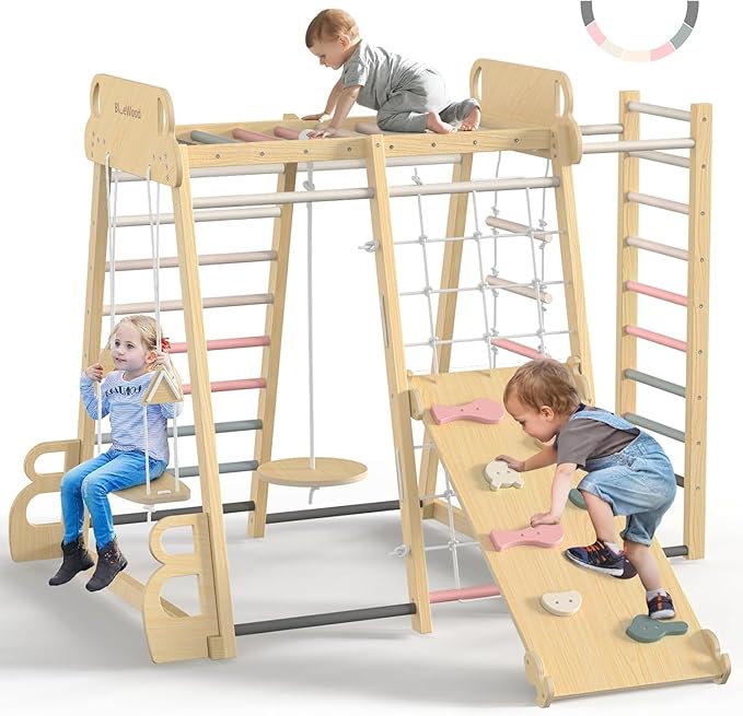 BlueWood Upgraded Indoor Jungle Gym 9-in-1 Playground Kids Climbing Toys, Waldorf Style Wooden Climber Playset with Slide, Swing, Monkey Bars, Upright/Rope Ladder, Climb Net, Pink