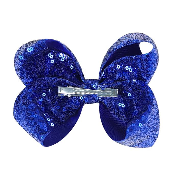 6 Inch Royal Blue Sparkly Glitter Sequin Hair Bows for Girls Toddlers Kids Children Teenage (2PCS)