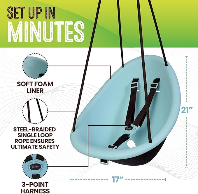 Swurfer Kiwi Toddler Swing – Comfy Baby Swing Outdoor, 3-Point Adjustable Safety Harness, Safe Quick Click Locking System, Foam-Lined Shell, Blister-Free Rope, Easy Installation, Age 9 Months and Up