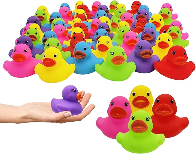 The Dreidel Company Classic Rubber Duck Toy Duckies for Kids, Six Solid Colors, Bath Birthday Gifts Baby Showers Classroom Summer Beach and Pool Activity, 2" (100-Pack)