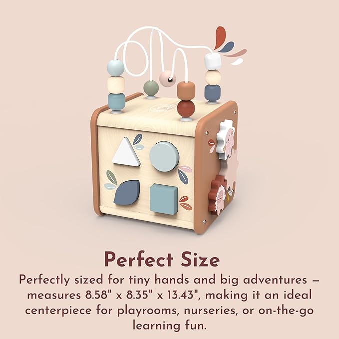 Speedy Monkey 5-in-1 Activity Cube, Educational Wooden Toy with Bead Maze, Shape Sorter, Gears, Puzzle & More, Develops Social, Communication & Numeracy Skills, Non-Toxic Paint, Ideal for Kids