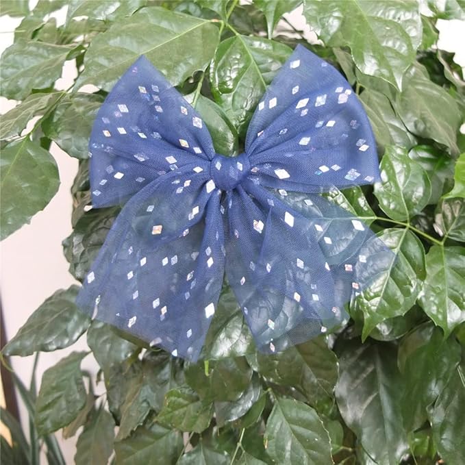 Large Tulle Hair Clips for Baby Girls and Women - Lace Bow Cottagecore Lightweight Gauze Barrettes Accessories (Fresco and Navy Foil)
