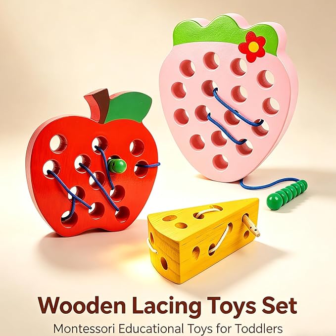 Wooden Lacing Toys for Toddlers,Toddler Travel Toys Car Plane Games Toys Montessori Educational Learning Fine Motor Skills for Boys Girls Ages 3+(3 Pack Threading Toys)