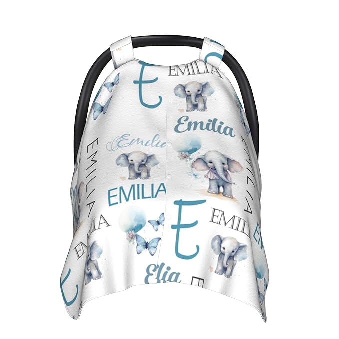 Personalized Baby Car Seat Canopy Minky Elephant Baby Blanket Custom Name Baby Car Seat Cover Girls Boys Infant Newborn Carseat Canopy Nursing Cover for Stroller Car Seat Canopies