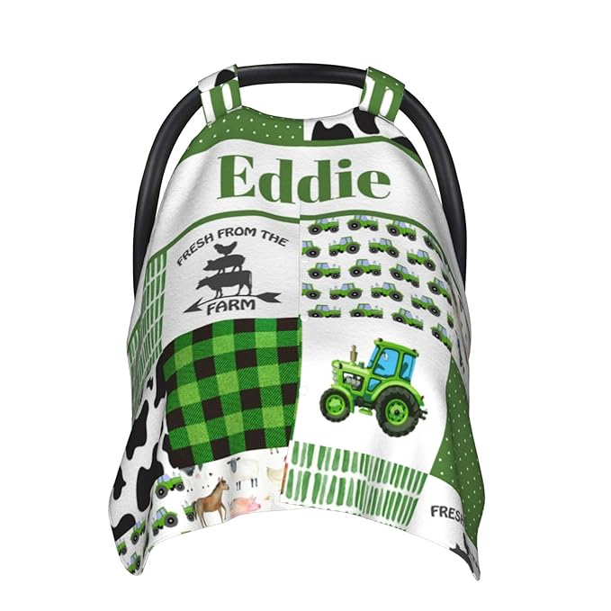 Custom Baby Car Seat Canopy with Name, Personalized Baby Car Seats Covers for Baby Boy, Farm Theme Opening Minky Nursing Breastfeeding Cover for Infant, Carseat Canopies for Newborn