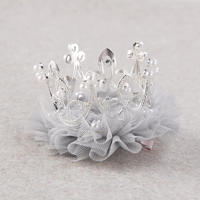 Nishine Baby Crown Hair Pins Princess Girls Crown Tiara Hair Clips Tulle Mesh Tiaras for Kids Gift (Silver)