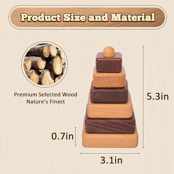 Adena Montessori Ring Natural Wood-Colored Wooden Stacking Toy,Montessori Geometric Stacker Wooden Educational Toy,Baby and Toddler Ages 12+ Months Shape Sorter and Stacking Tower for Babies(Square)