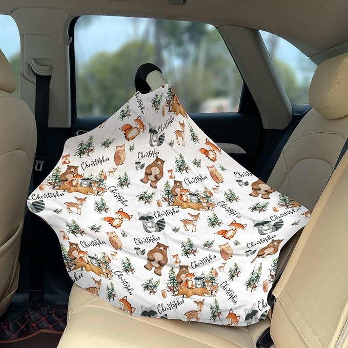 Personalized Baby Car Seat Cover Stroller Canopy: Custom Name Newborn Baby Boy Girl Elastic Woodland Animals Nursing Cover for Moms First Birthday Gift Fox Bear Watercolor(one Size)
