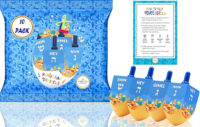 The Dreidel Company - 10-Pack Jerusalem Wood Dreidels, The Hanukkah Game, Extra Large (Pack of 10)