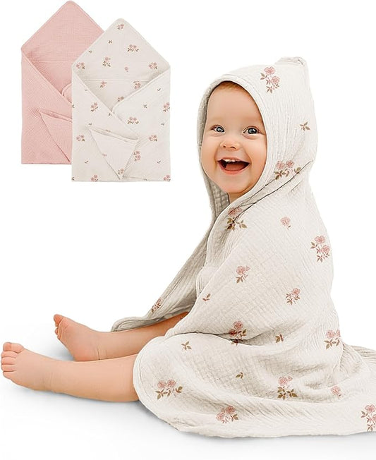 Hooded Baby Towels 2 Pack, Muslin Baby Bath Towels with Hood for Newborn Infant and Toddler, Soft Breathable & Absorbent, 32" x 32" (Vintage Blossom & Pink, Heavyweight)