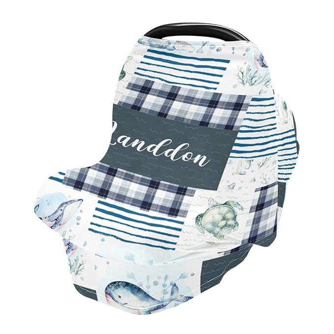Personalized Baby Car Seat Cover for Boys Girls, Custom Nursing Covers for Breastfeeding with Name, Infant Stroller Cover, Baby Carseat Canopy for Newborn, Multiuse Car Seat Canopies, Ocean and Whale
