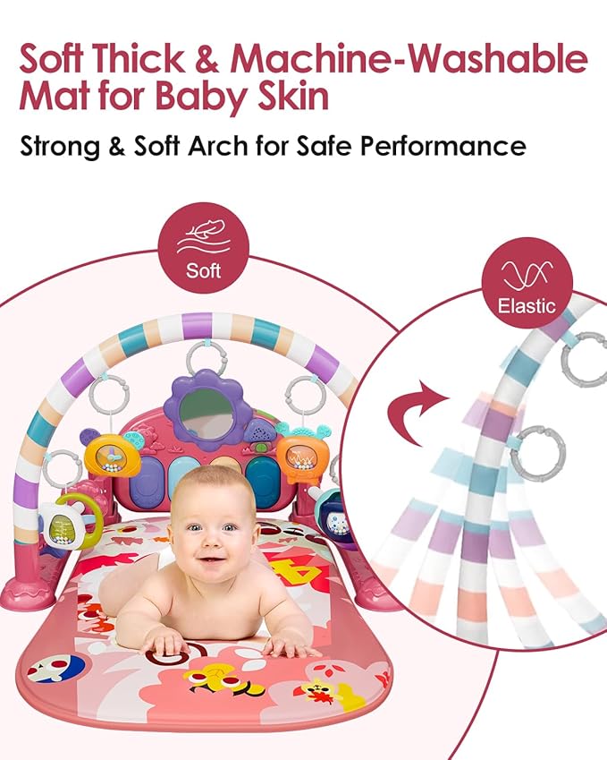 dearlomum Baby Play Mat Gym, Funny Play Piano Tummy Time Activity Mat with 5 Infant Sensory Toys, Music and Lights, Boy & Girl Gifts for Newborns 0 to 3 6 9 12 Months(Tiger Pink)