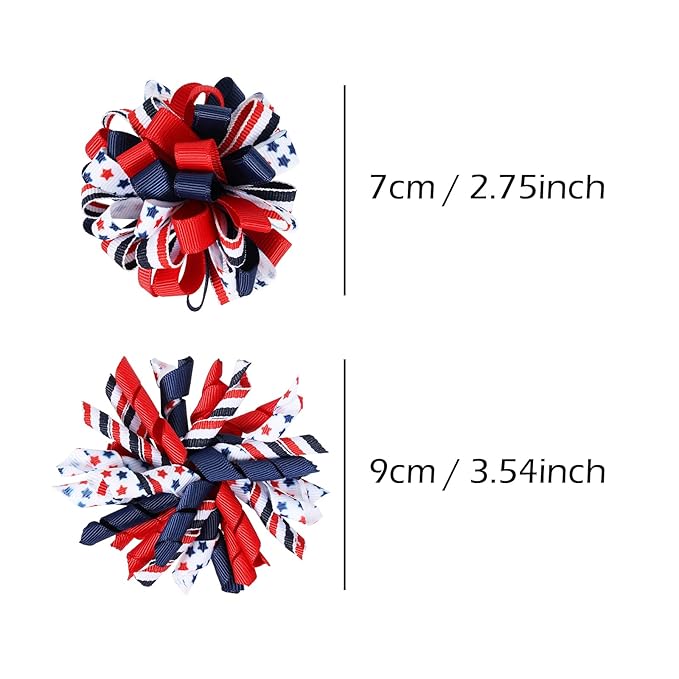 4th of July Korker Hair Bow Clips Girls Patriotic Curly Corker Cheer Pompom Loopy Bow Alligator Barrettes Red White Blue Stars Stripes Ribbon Accessories Kids Xmas Gift