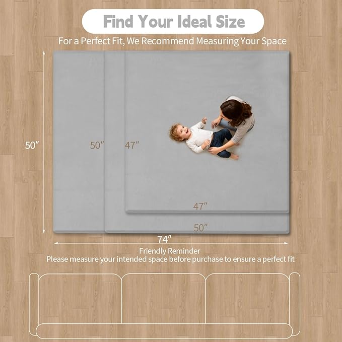 Velvet Baby Play Mat for Floor, 1.3" Thick Elasti-Foam 47"×47" Playpen Mat with Removable & Washable Velvet Cover for Toddler, Infant,Kids, Non-Slip Crawling Mat for Tummy Time (Grey)